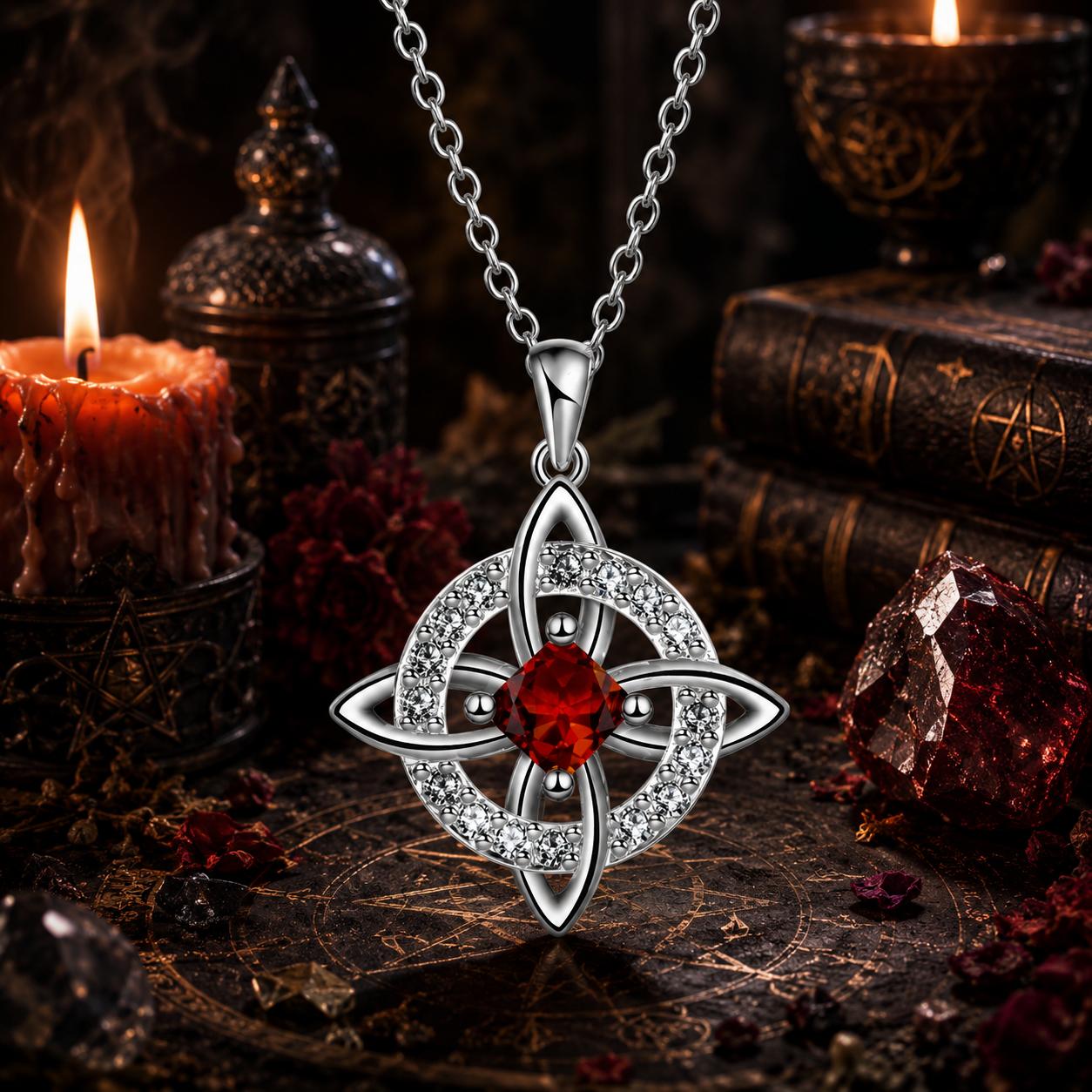 Birthstone Witch Knot Necklace – 925 Sterling Silver Celtic Protection Amulet for Wiccan & Pagan Practice