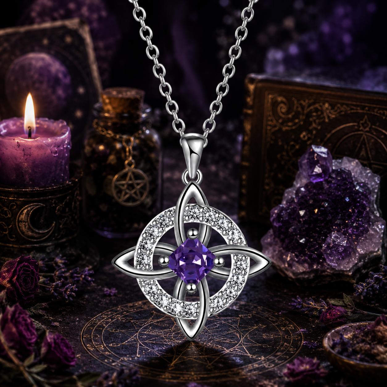 Birthstone Witch Knot Necklace – 925 Sterling Silver Celtic Protection Amulet for Wiccan & Pagan Practice