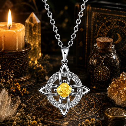 Birthstone Witch Knot Necklace – 925 Sterling Silver Celtic Protection Amulet for Wiccan & Pagan Practice