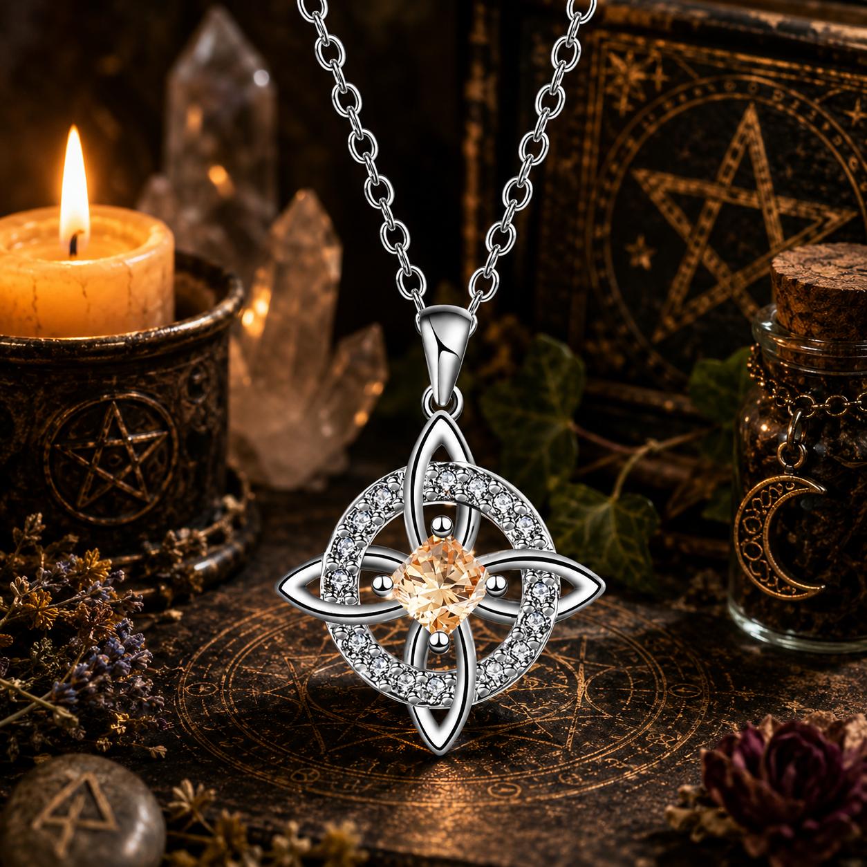 Birthstone Witch Knot Necklace – 925 Sterling Silver Celtic Protection Amulet for Wiccan & Pagan Practice