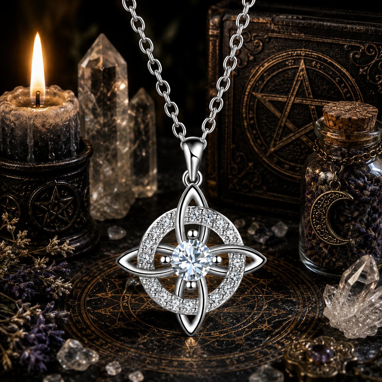 Birthstone Witch Knot Necklace – 925 Sterling Silver Celtic Protection Amulet for Wiccan & Pagan Practice