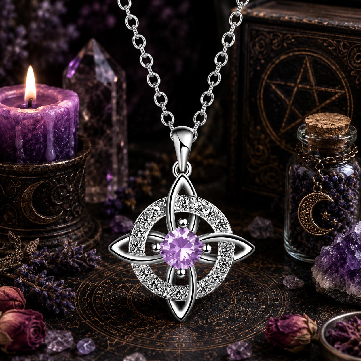 Birthstone Witch Knot Necklace – 925 Sterling Silver Celtic Protection Amulet for Wiccan & Pagan Practice
