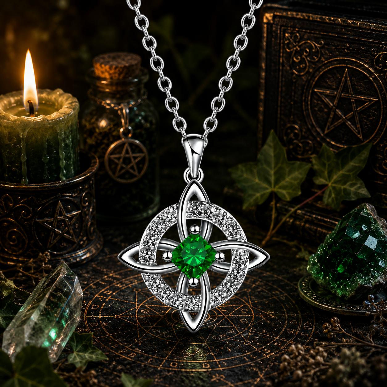 Birthstone Witch Knot Necklace – 925 Sterling Silver Celtic Protection Amulet for Wiccan & Pagan Practice