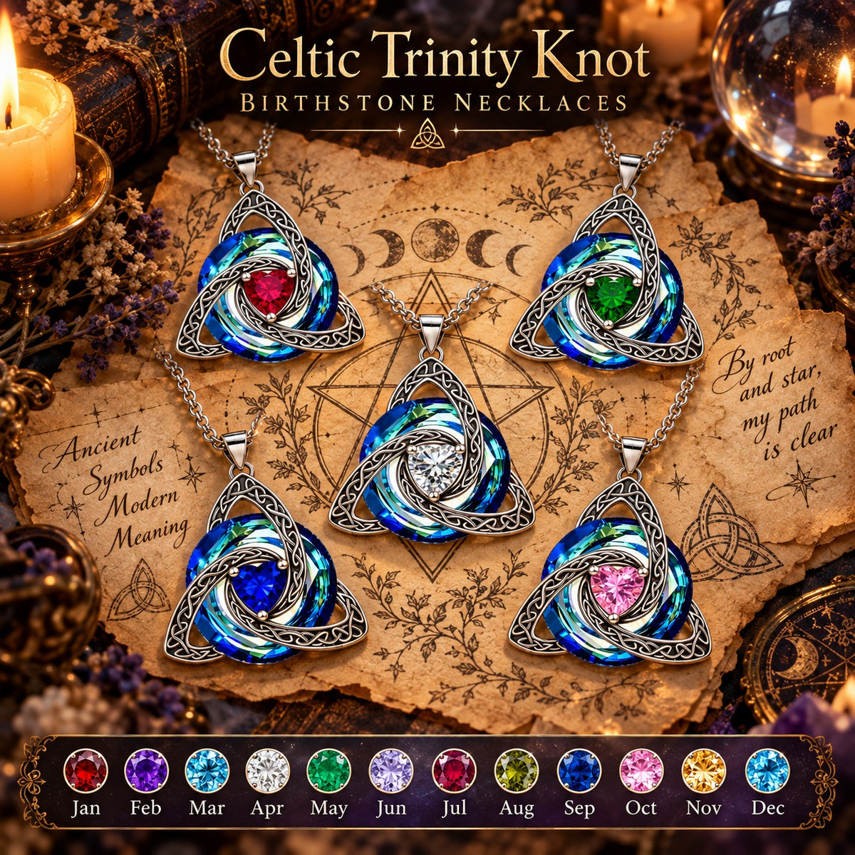 Celtic Trinity Knot Birthstone Necklace - Triquetra Pagan Jewelry Gift