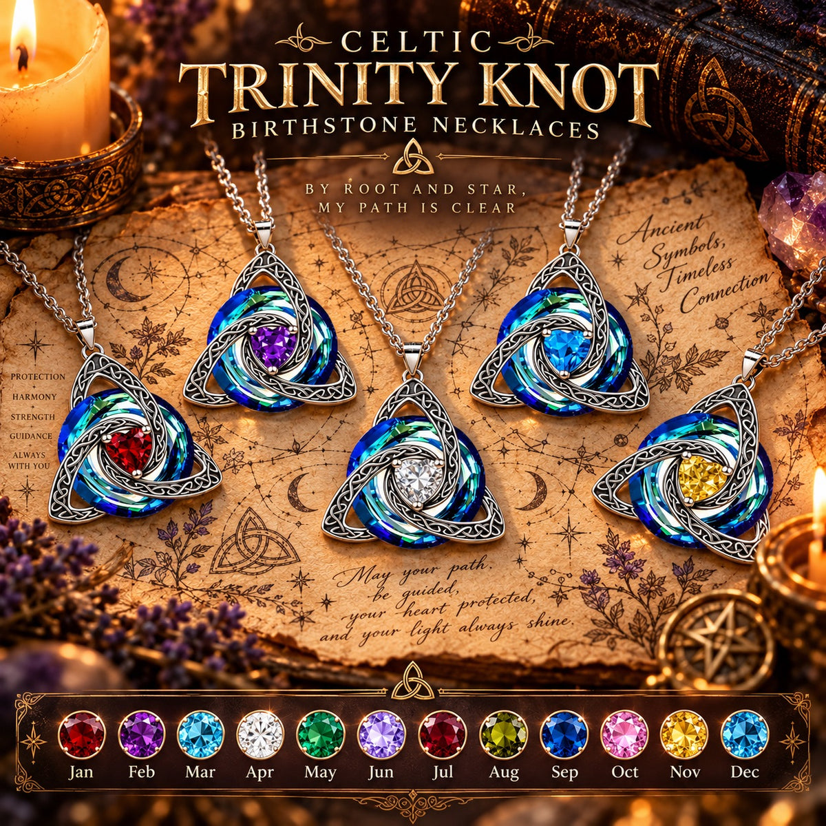 Celtic Trinity Knot Birthstone Necklace - Triquetra Pagan Jewelry Gift