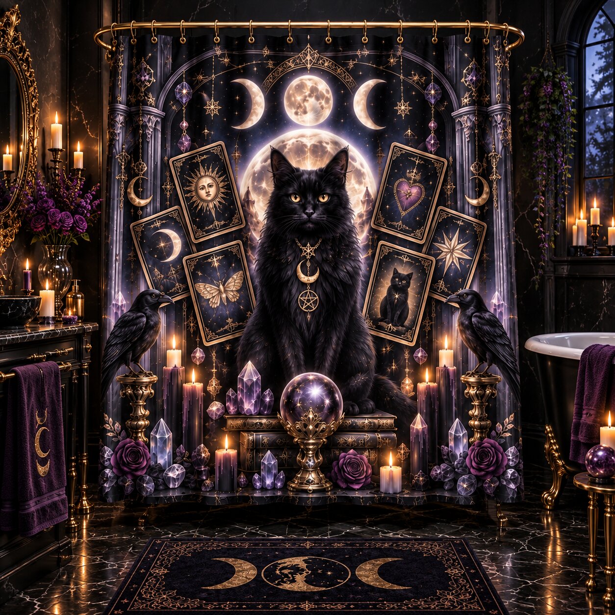 A gothic-themed bathroom scene featuring a large black cat seated on a throne-like pedestal in front of a highly decorative shower curtain. The curtain and surrounding decor include moon phases, sun and heart cards, crystals, candles, birds, and a dark patterned rug.
