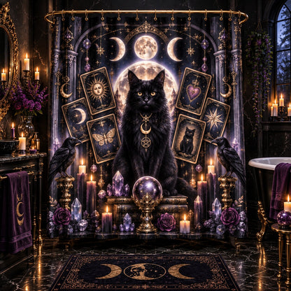 A gothic-themed bathroom scene featuring a large black cat seated on a throne-like pedestal in front of a highly decorative shower curtain. The curtain and surrounding decor include moon phases, sun and heart cards, crystals, candles, birds, and a dark patterned rug.