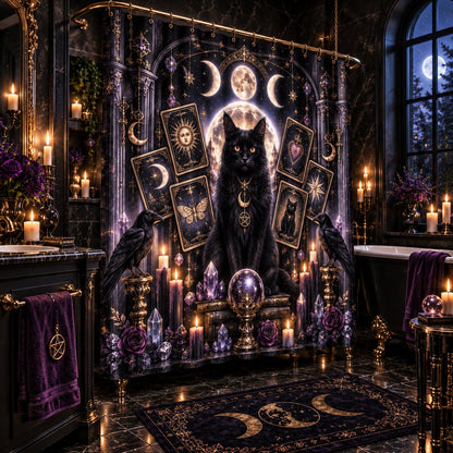 A dark, gothic-themed bathroom scene featuring a large shower curtain with a black cat, moon phases, tarot cards, crystals, and purple roses. The room is decorated with candles, a matching purple towel, and a dark patterned rug.