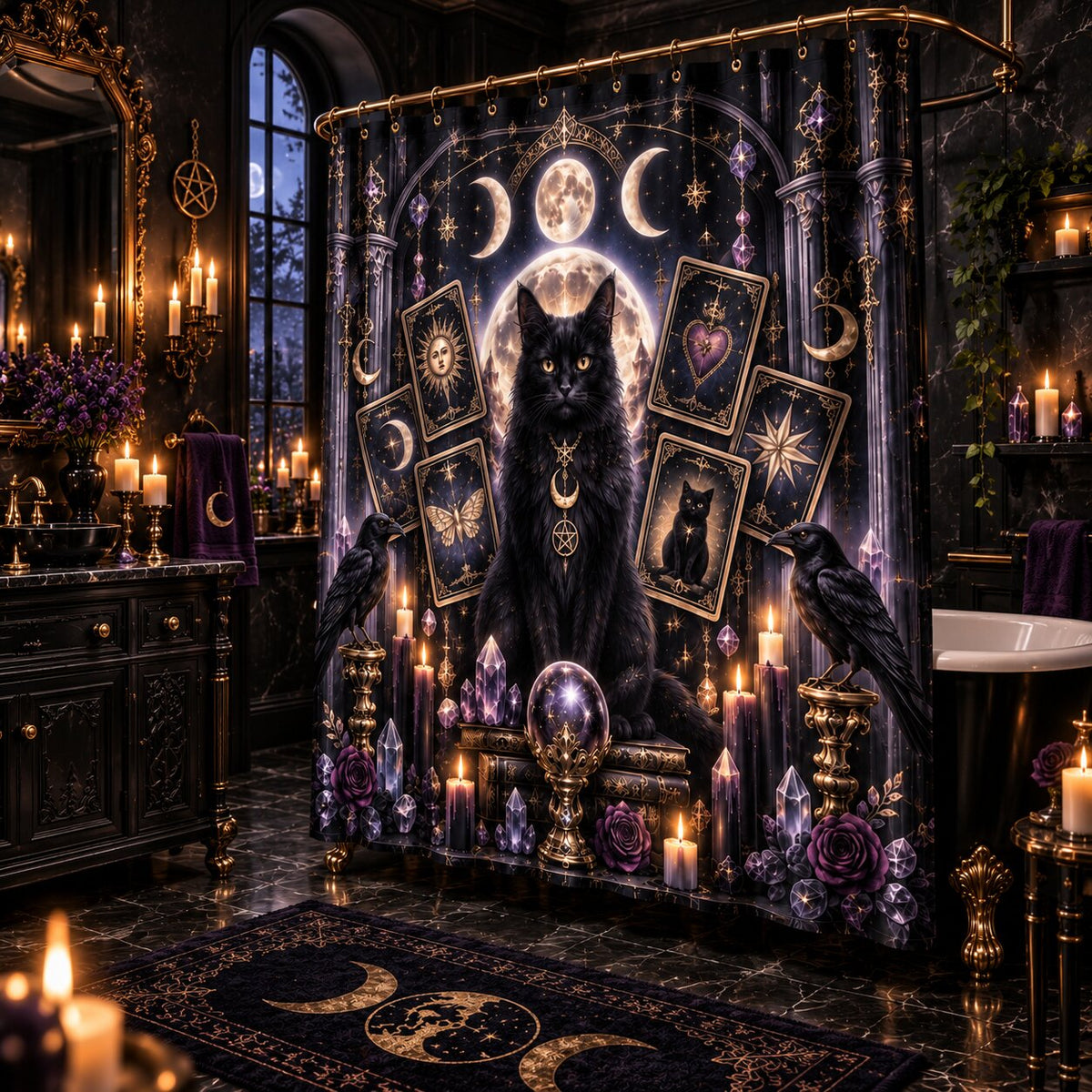 A gothic-style bathroom scene featuring a large black cat surrounded by moon phases, tarot cards, crystals, candles, and ravens on a shower curtain. The room is dark and ornate with black furniture, lit candles, and purple floral accents.
