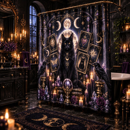 A gothic-style bathroom scene featuring a large black cat surrounded by moon phases, tarot cards, crystals, candles, and ravens on a shower curtain. The room is dark and ornate with black furniture, lit candles, and purple floral accents.