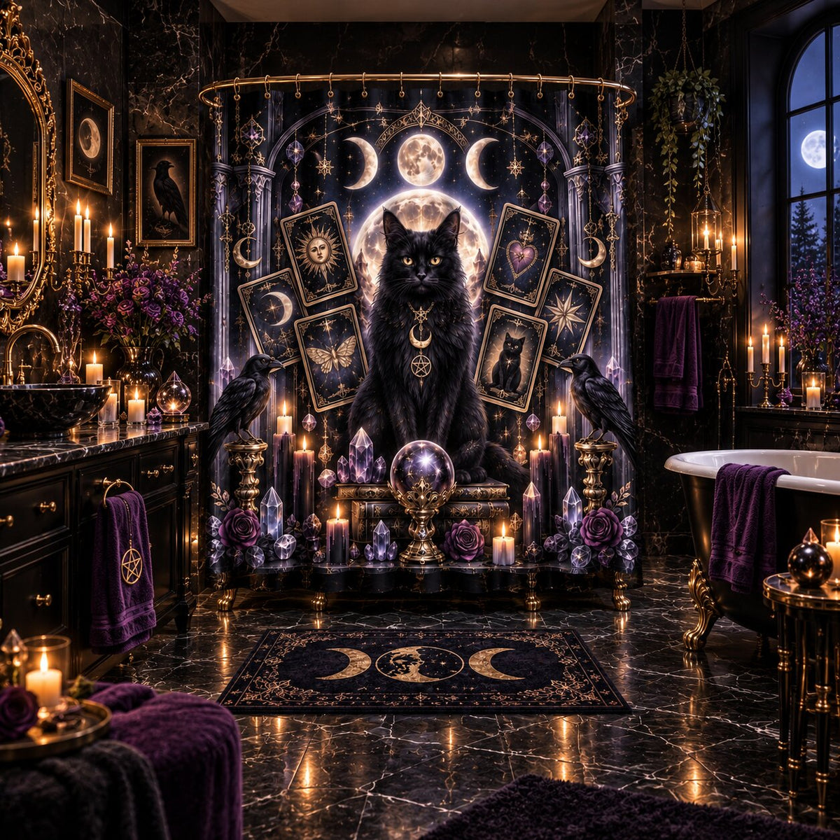 A gothic bathroom scene featuring a large black cat seated on a crystal sphere altar, surrounded by candles, tarot cards, moon symbols, and purple towels, with a matching black-and-gold rug on the floor.