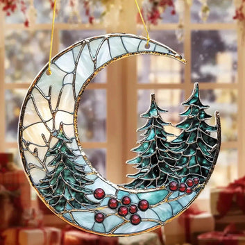 Christmas Acrylic Moon Ornament with Pine Trees - Christmas Tree Ornament-MoonChildWorld