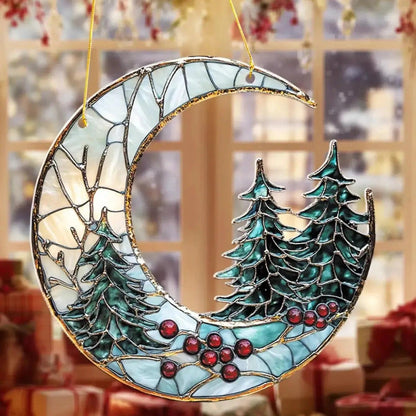 Christmas Acrylic Moon Ornament with Pine Trees - Christmas Tree Ornament-MoonChildWorld