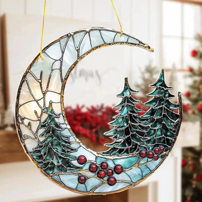 Christmas Acrylic Moon Ornament with Pine Trees - Christmas Tree Ornament-MoonChildWorld