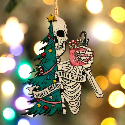 Christmas Skeleton & Tree Colorful Hanging Wooden Ornament Witch Wall Decoration-MoonChildWorld