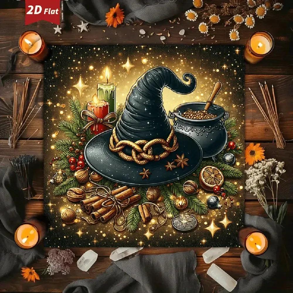 Christmas Witch Hat Wicca Altar Cloth Pagan Yule Tablecloth For Rituals, Tarot Reading & Home Decor-MoonChildWorld