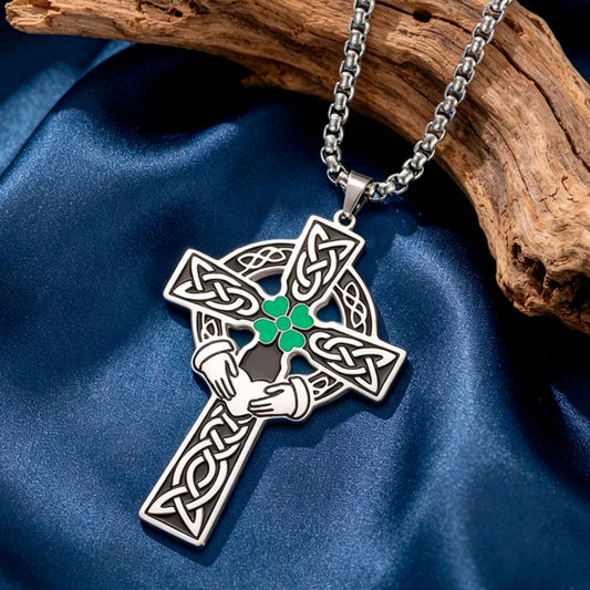 Claddagh Four Leaf Clover Celtic Cross Necklace – worn around neck