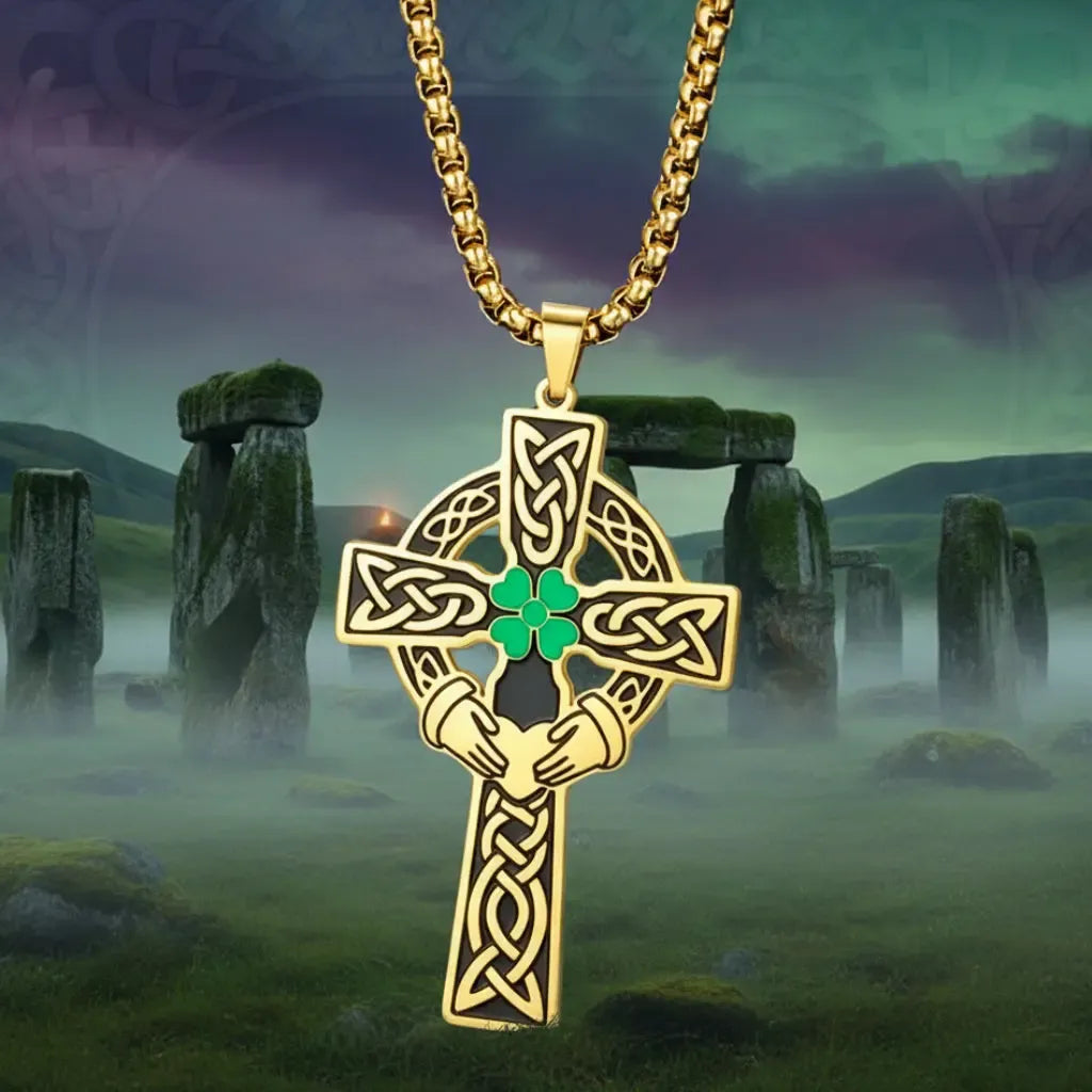 Claddagh Four Leaf Clover Celtic Cross Necklace – gold-color and steel-color variants