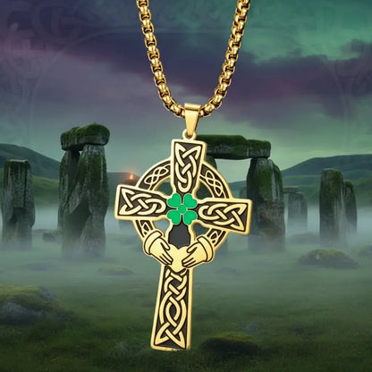 Claddagh Four Leaf Clover Celtic Cross Necklace – gold-color and steel-color variants