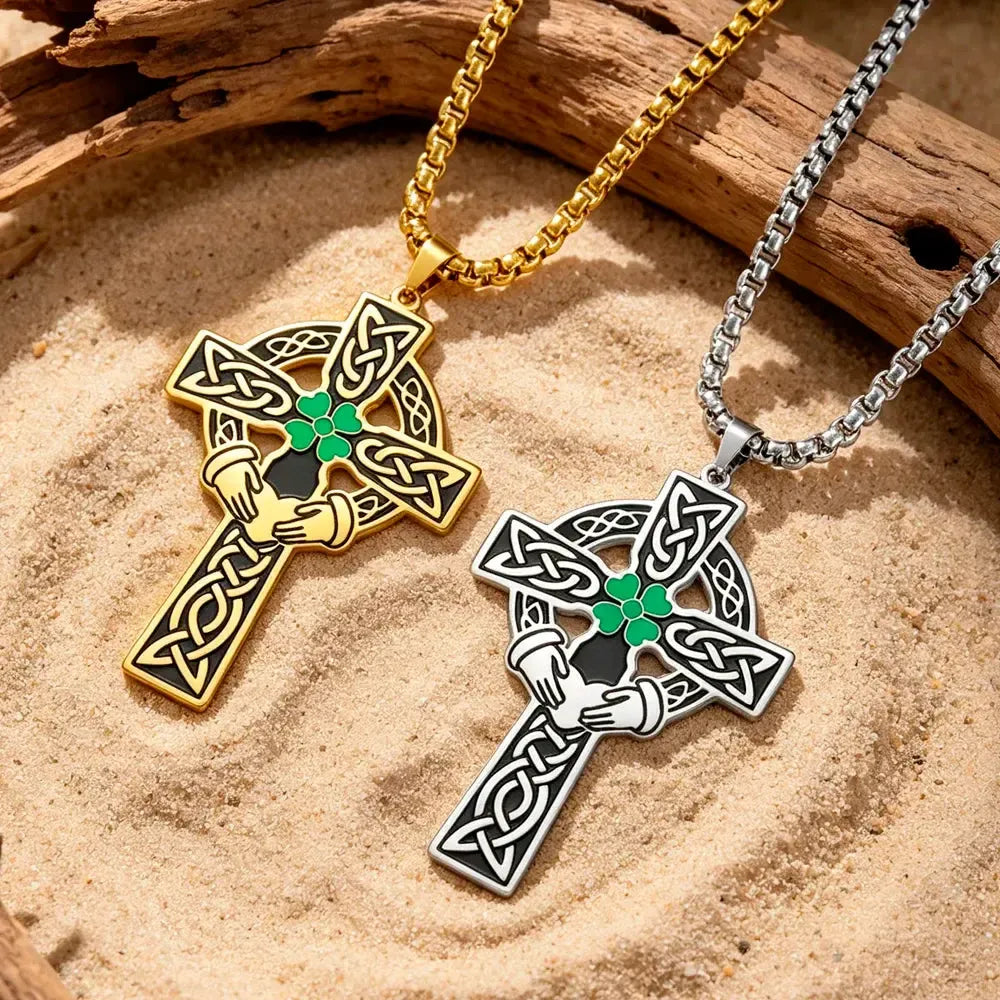 Claddagh Four Leaf Clover Celtic Cross Necklace – back view