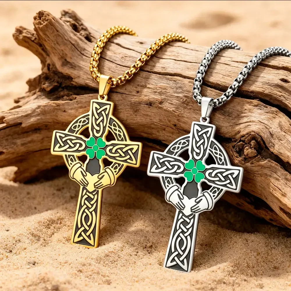 Claddagh Four Leaf Clover Celtic Cross Necklace – size and scale reference