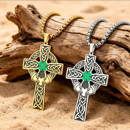 Claddagh Four Leaf Clover Celtic Cross Necklace – size and scale reference