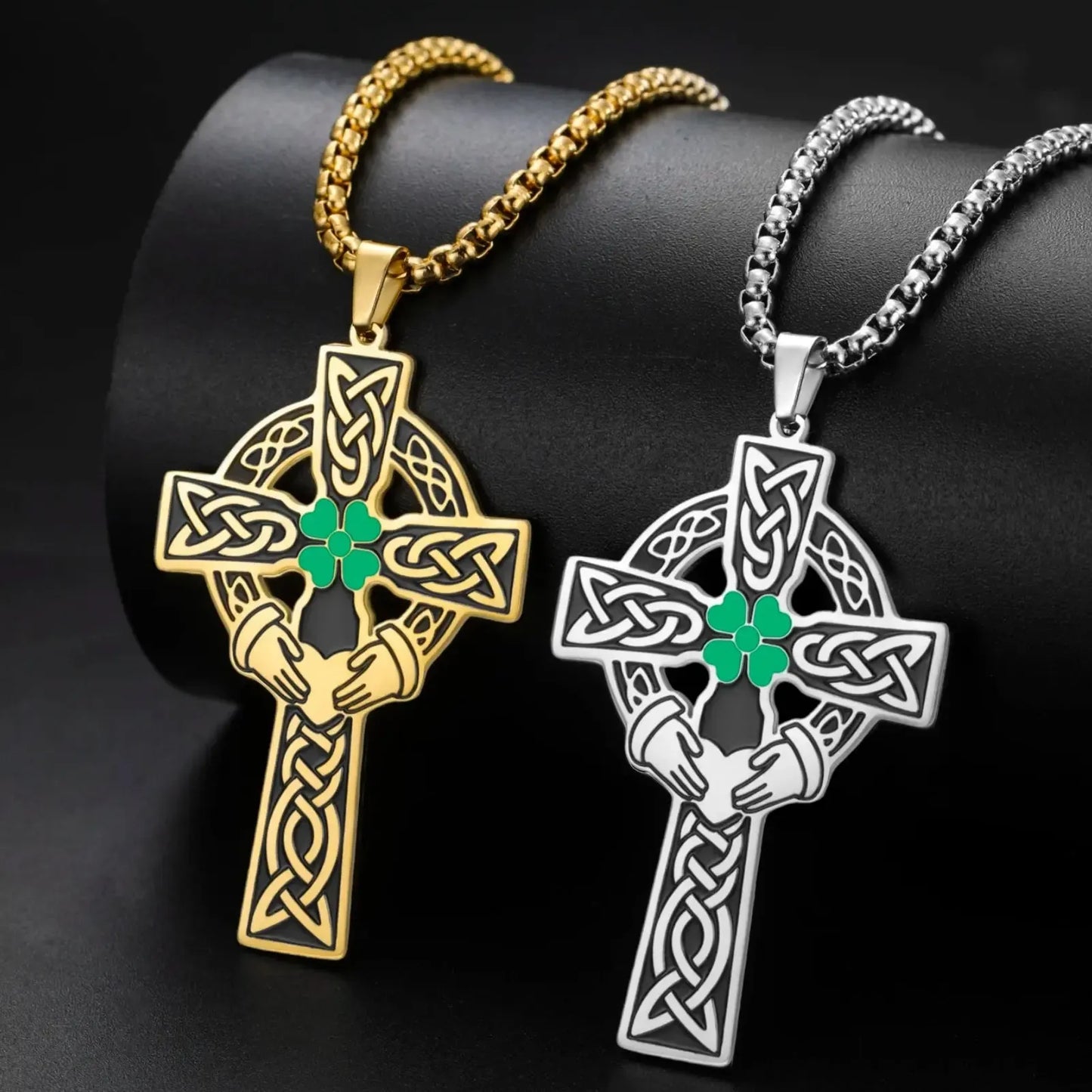 Claddagh Four Leaf Clover Celtic Cross Necklace – front view