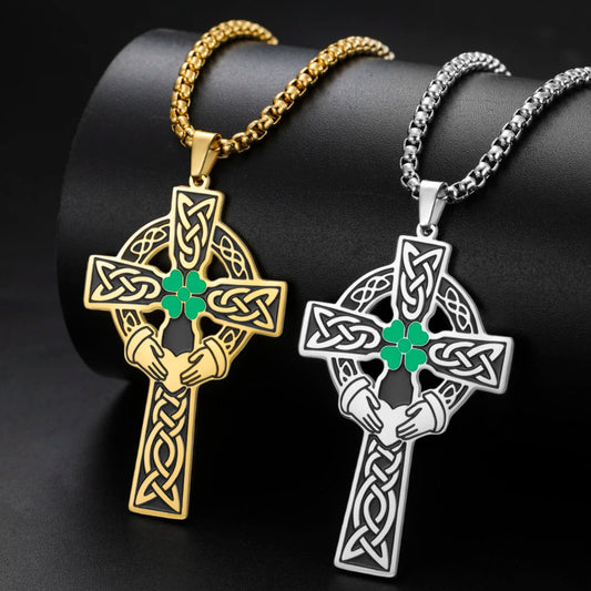 Claddagh Four Leaf Clover Celtic Cross Necklace – front view