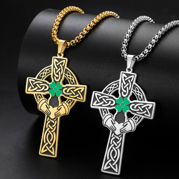 Claddagh Four Leaf Clover Celtic Cross Necklace – front view