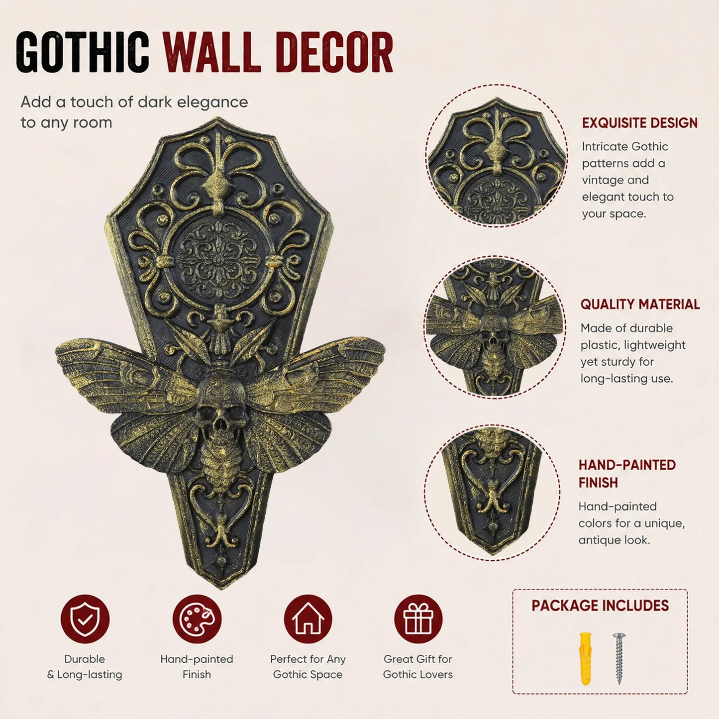 Death's head moth plaque – coffin shaped carved detail close-up
