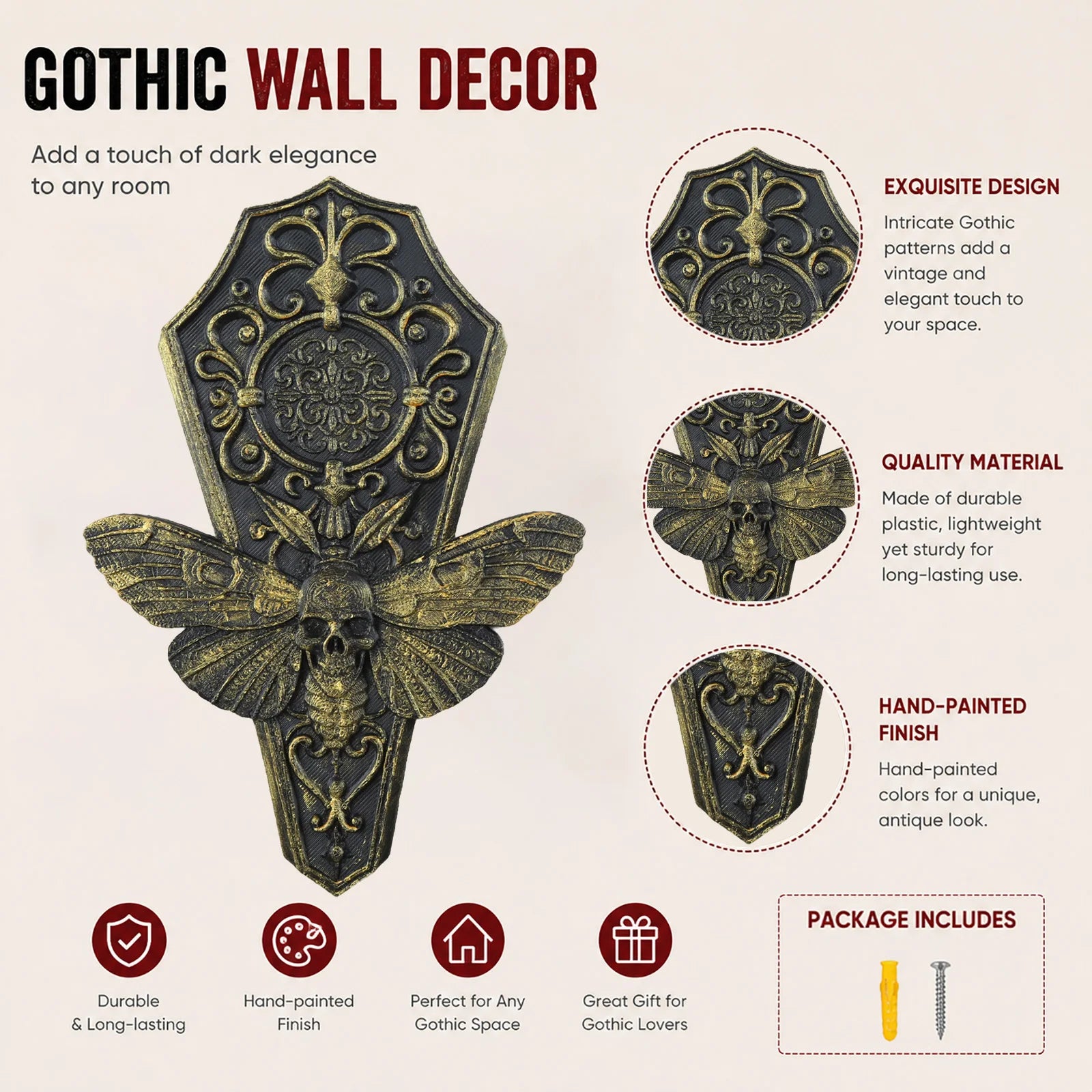 Death's head moth plaque – coffin shaped carved detail close-up