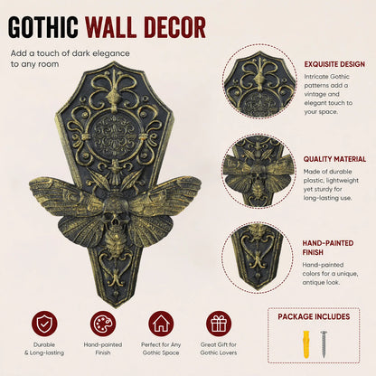 Death's head moth plaque – coffin shaped carved detail close-up