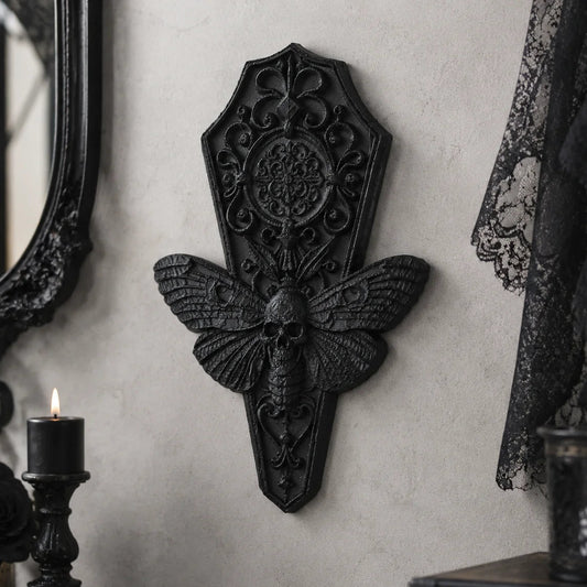 Coffin death's head hawkmoth wall decor – gothic wall hanging, front view
