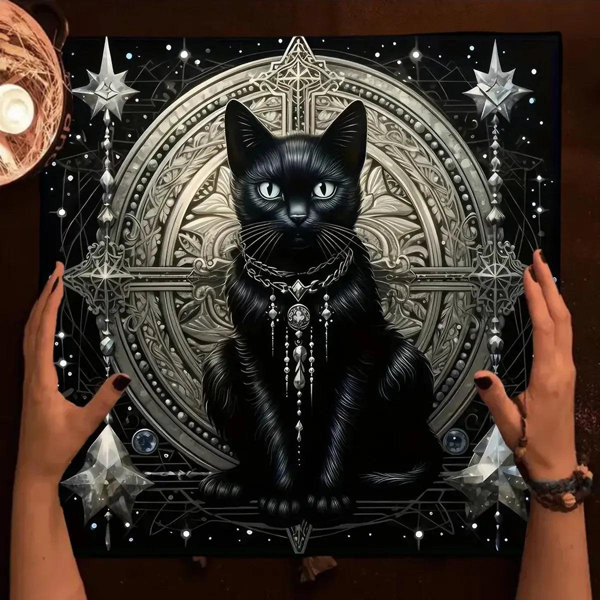 Colorful Mandala Black Cat Altar Cloth Tarot Tablecloth Witchcraft Cat & Moon Starry Sky Divination Cloth-MoonChildWorld