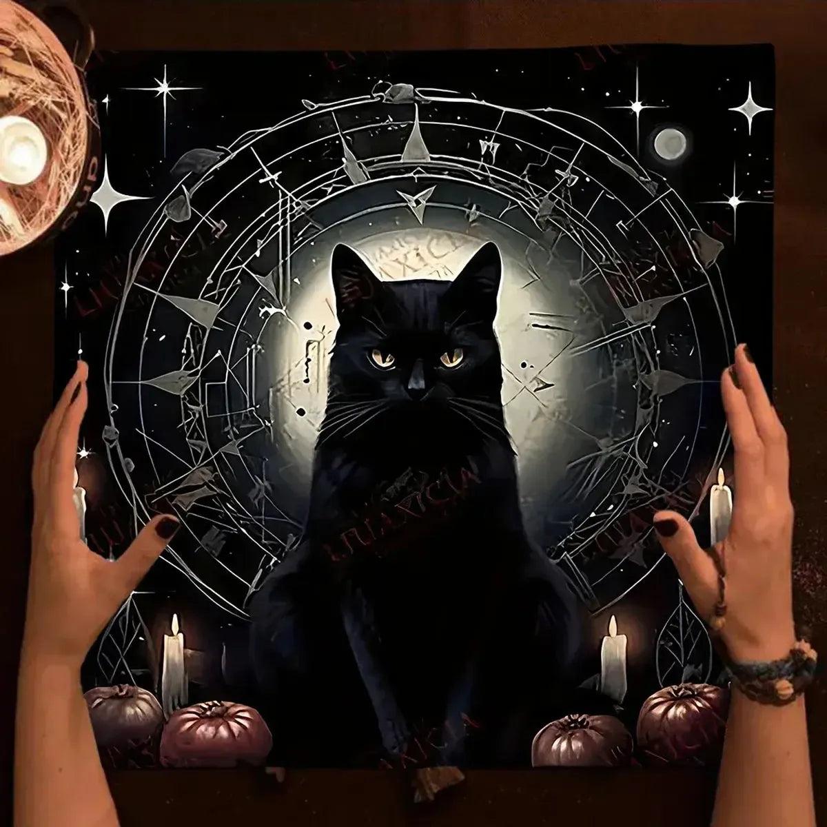 Colorful Mandala Black Cat Altar Cloth Tarot Tablecloth Witchcraft Cat & Moon Starry Sky Divination Cloth-MoonChildWorld