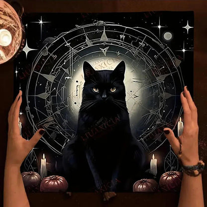 Colorful Mandala Black Cat Altar Cloth Tarot Tablecloth Witchcraft Cat & Moon Starry Sky Divination Cloth-MoonChildWorld