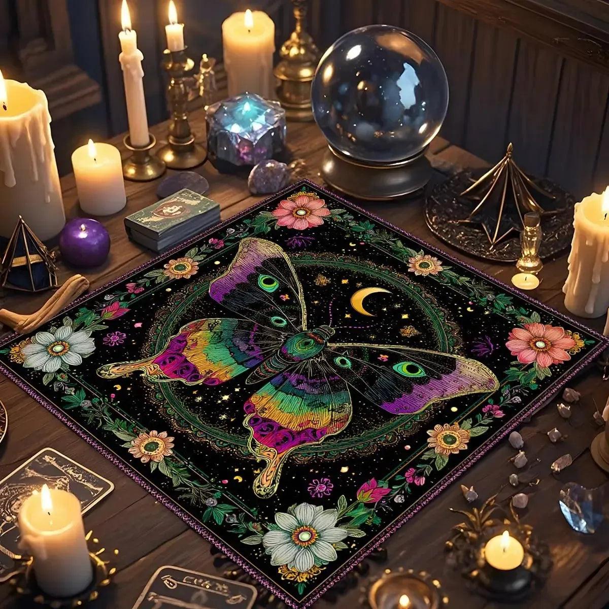 Colorful Moon Moth Floral Witchy Tarot Tablecloth - Mystical Celestial Divination Table Cover-MoonChildWorld