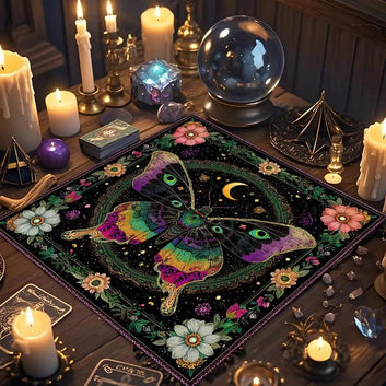 Colorful Moon Moth Floral Witchy Tarot Tablecloth - Mystical Celestial Divination Table Cover-MoonChildWorld