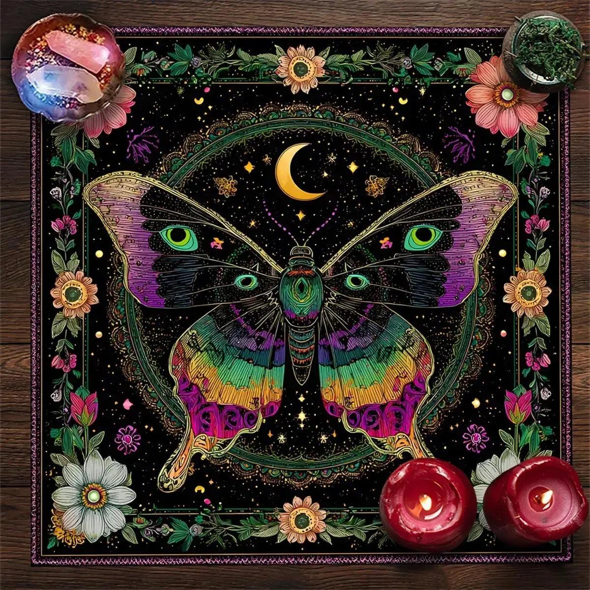 Colorful Moon Moth Floral Witchy Tarot Tablecloth - Mystical Celestial Divination Table Cover-MoonChildWorld