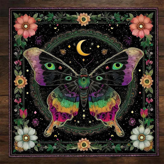 Colorful Moon Moth Floral Witchy Tarot Tablecloth - Mystical Celestial Divination Table Cover-MoonChildWorld