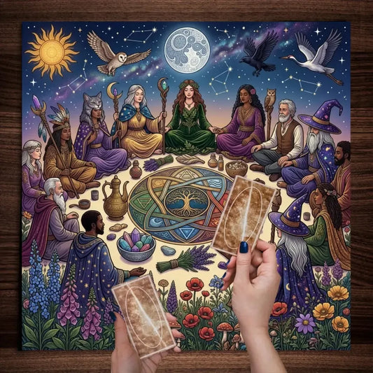 Multicolor occult gathering altar cloth with astrology and tree of life – Wiccan Pagan tarot mat