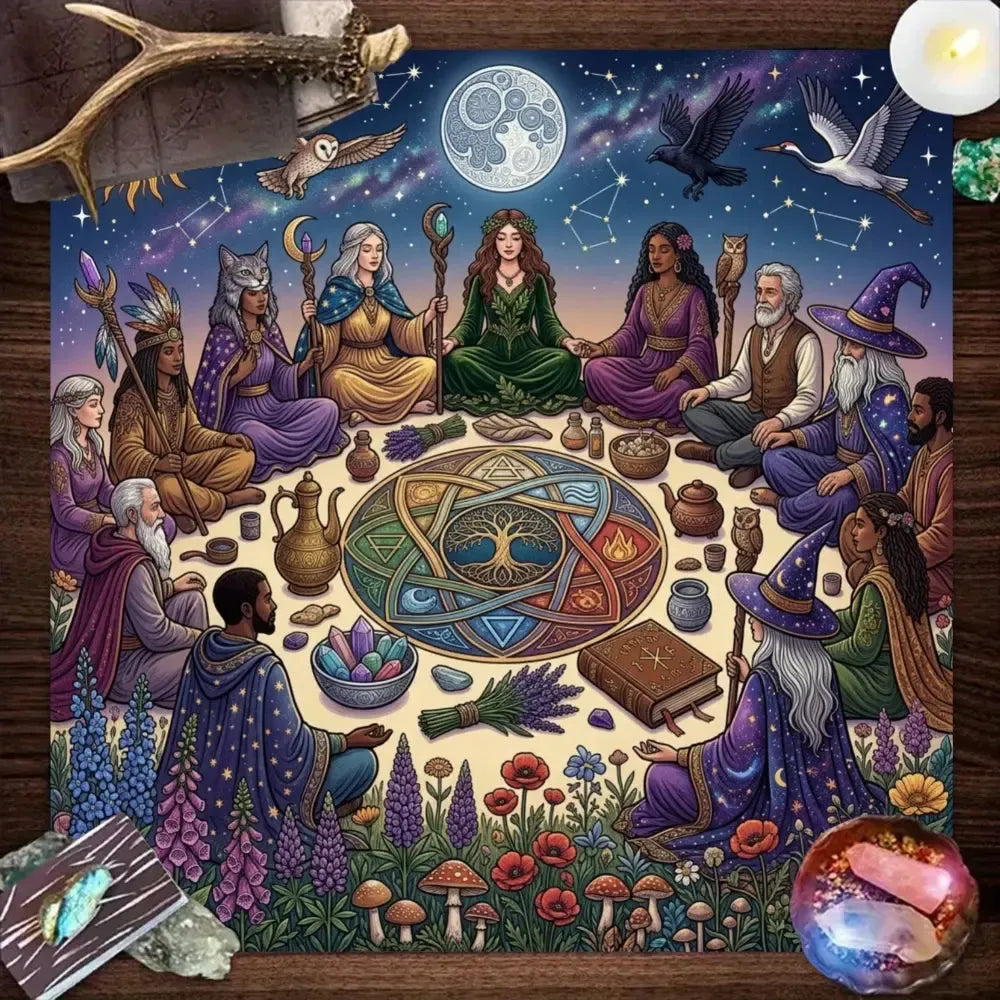 Colorful Occult Mandala Altar Cloth with moon constellation wizard circle and Tree of Life – tarot ritual mat