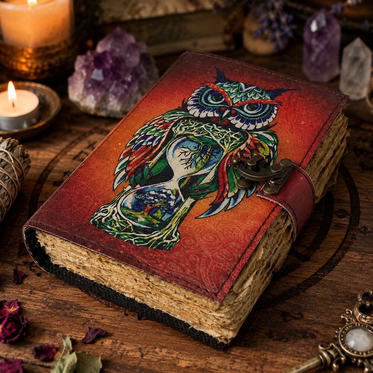Colorful Owl Printed Leather Journal – Witch Grimoire Book of Shadows with Lock – leather journal, back cover view