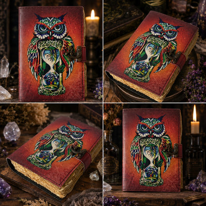 Colorful Owl Printed Leather Journal – Witch Grimoire Book of Shadows with Lock – leather journal, open blank pages view