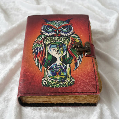 Colorful Owl Printed Leather Journal – Witch Grimoire Book of Shadows with Lock – leather journal, close-up cover detail