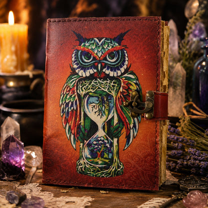 Colorful Owl Printed Leather Journal – Witch Grimoire Book of Shadows with Lock – leather journal, front cover view