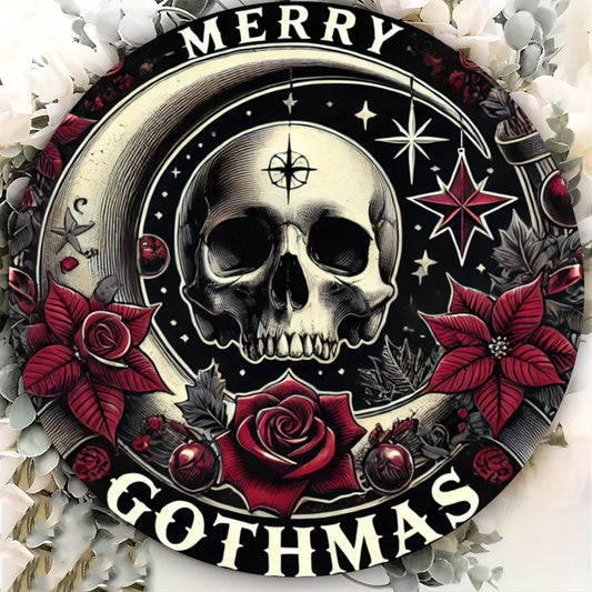 Merry Gothmas Wall Art Gothic Skull Metal Sign for Dark Christmas Decorations-MoonChildWorld