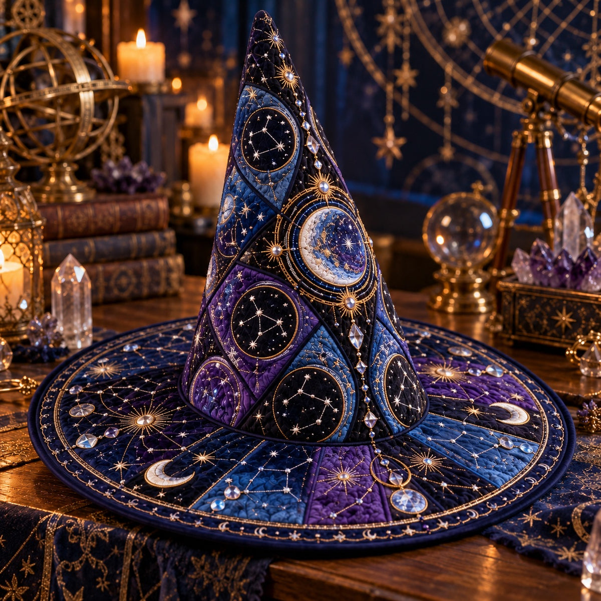 Constellation Quilted Witch Hat – Star Map Celestial Wide Brim Hat – styled with candles and crystals