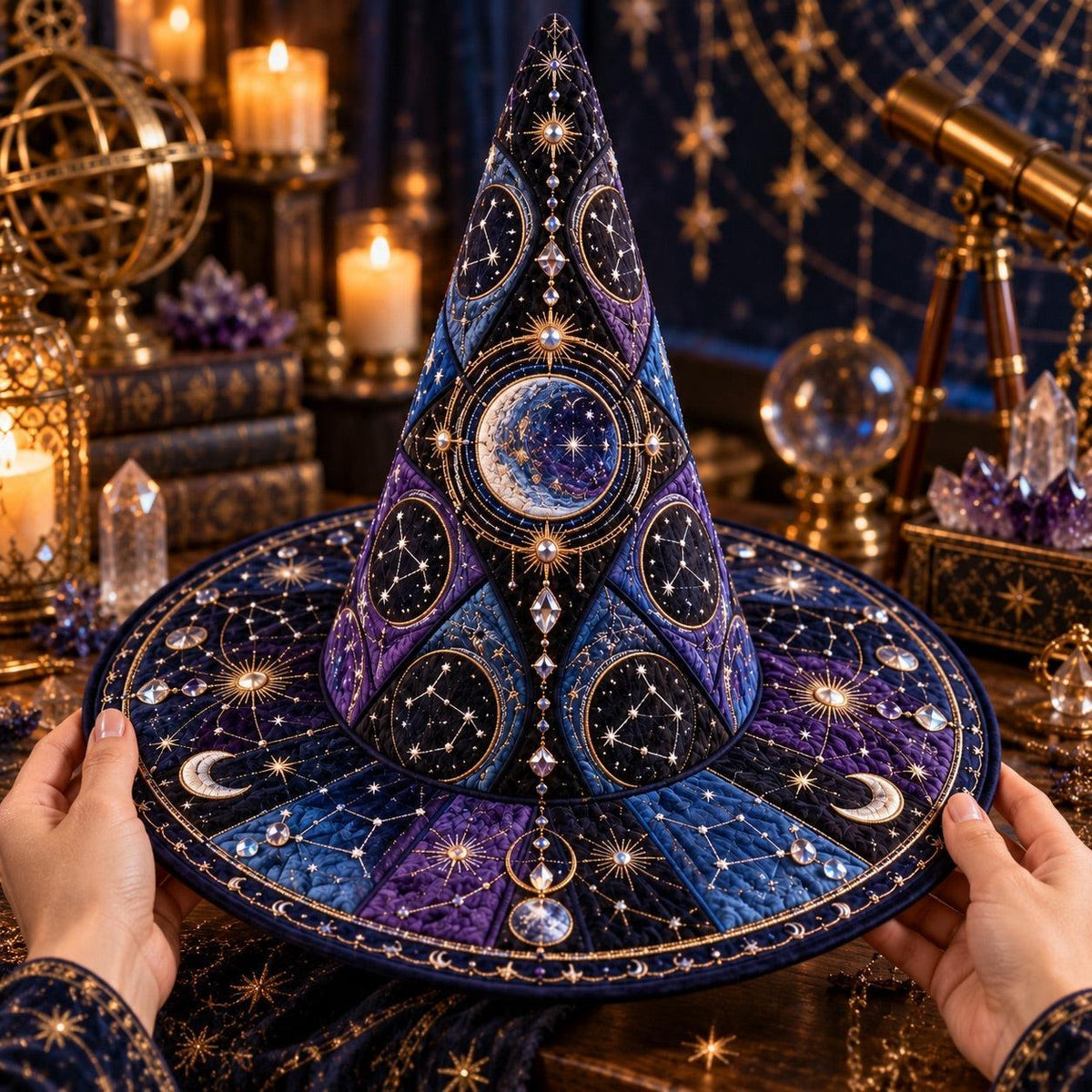 Constellation Quilted Witch Hat – Star Map Celestial Wide Brim Hat – held in both hands