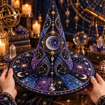 Constellation Quilted Witch Hat – Star Map Celestial Wide Brim Hat – held in both hands
